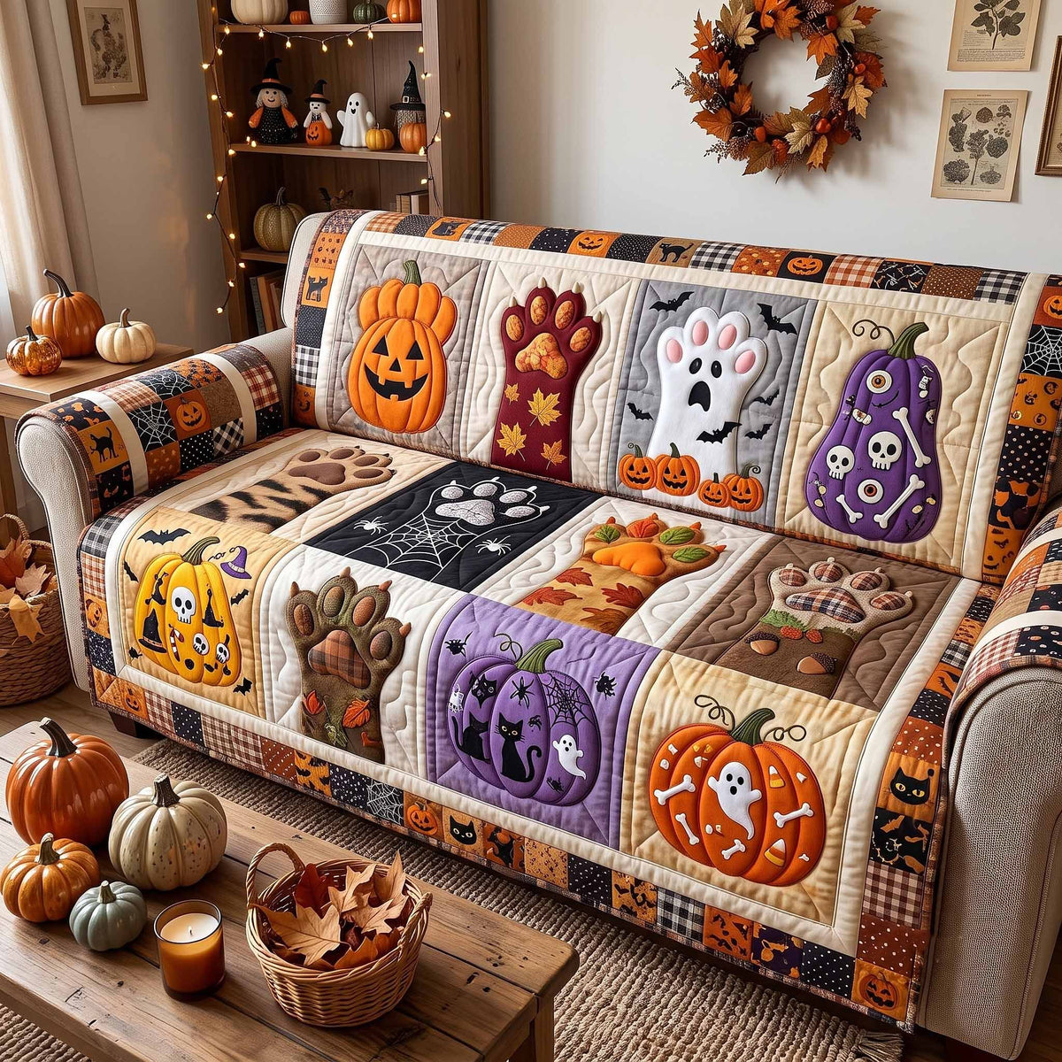 Purple Pumpkins and Paw Prints Sofa Cover