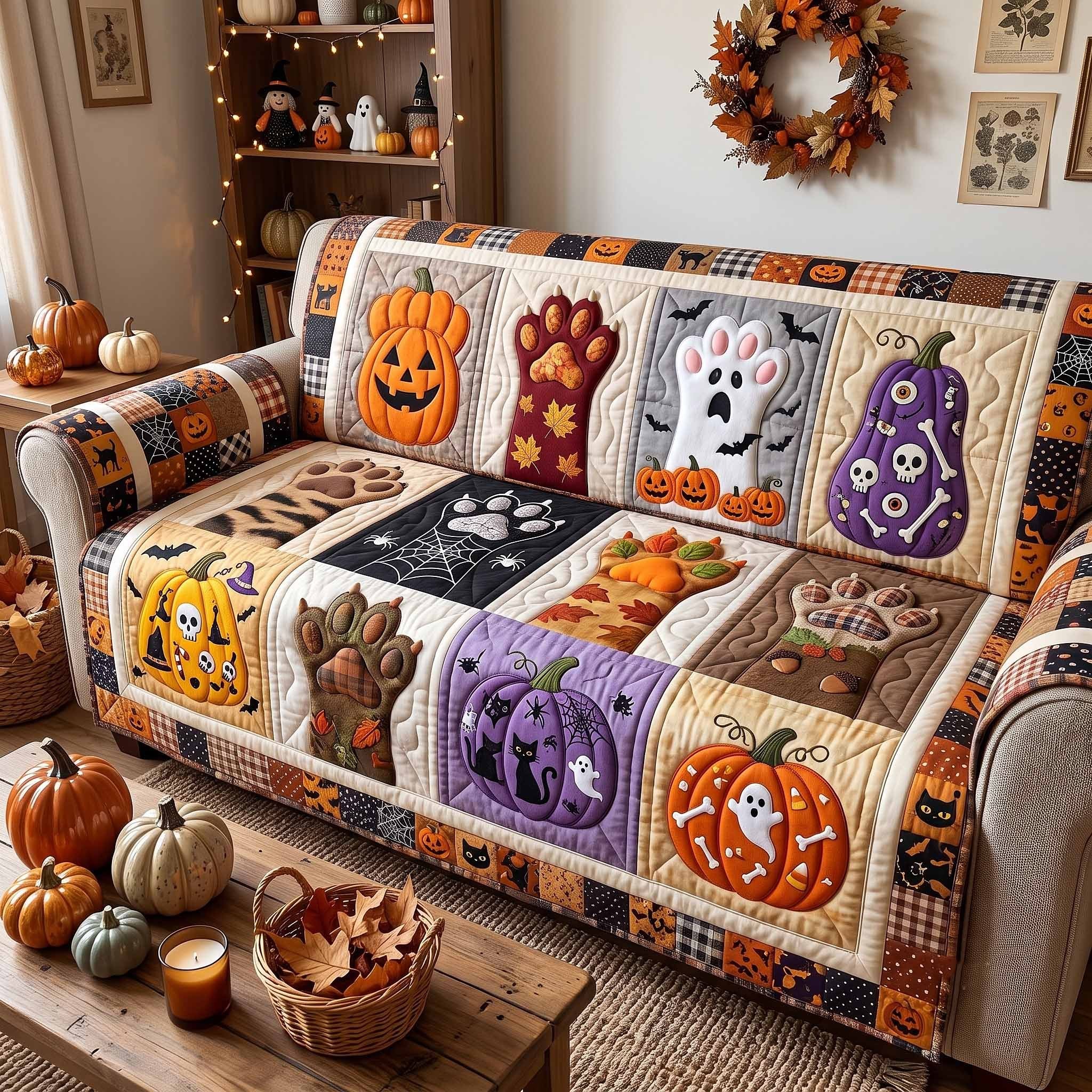 Purple Pumpkins and Paw Prints Sofa Cover