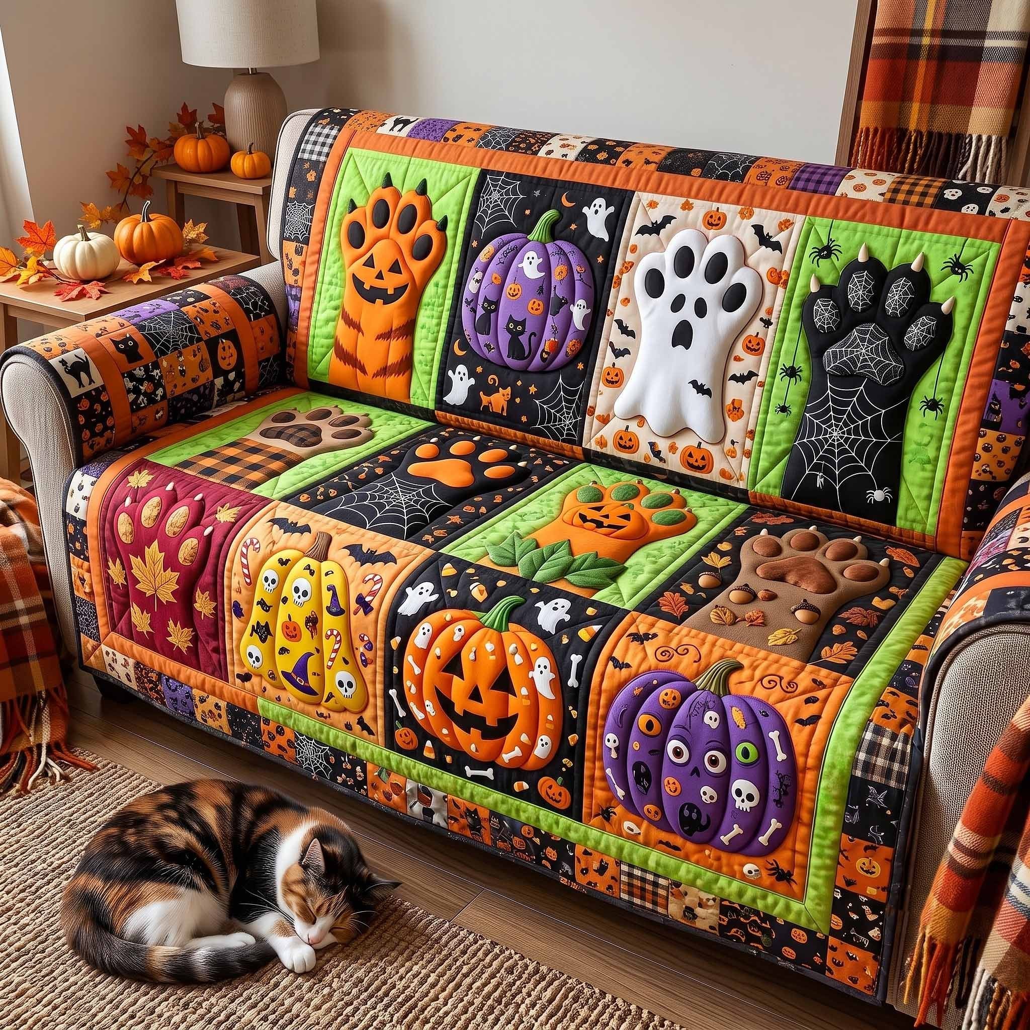 Jack o Lanterns and Ghosts on Green Sofa Cover