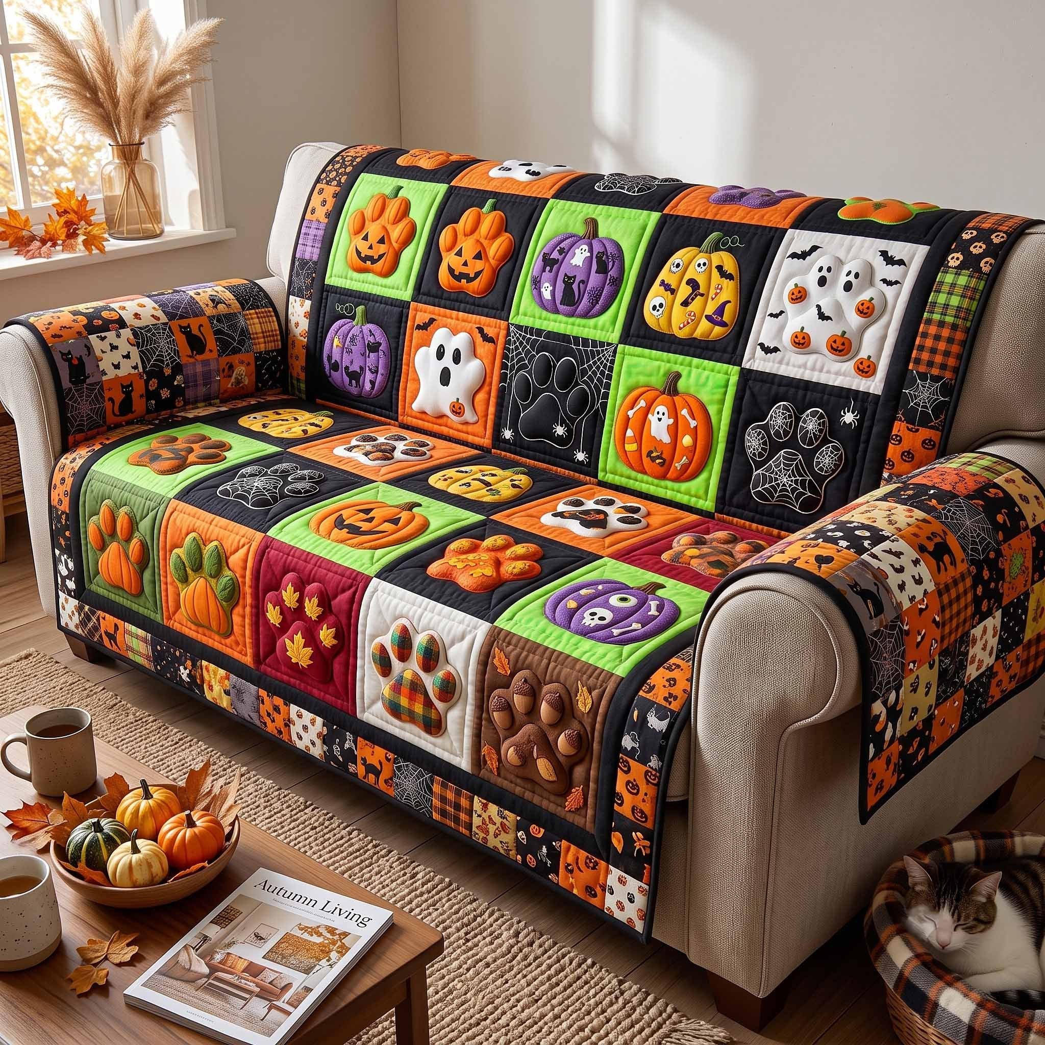 Ghosts and Pumpkins on Purple Squares Sofa Cover