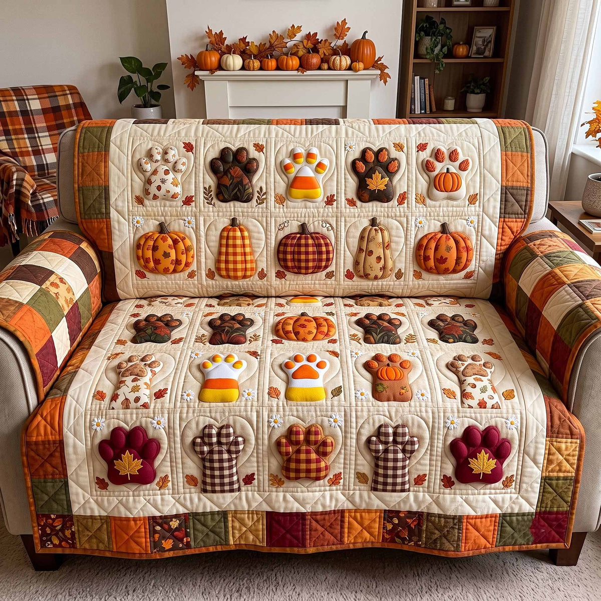 Pumpkins and Paws on Cream Squares Sofa Cover