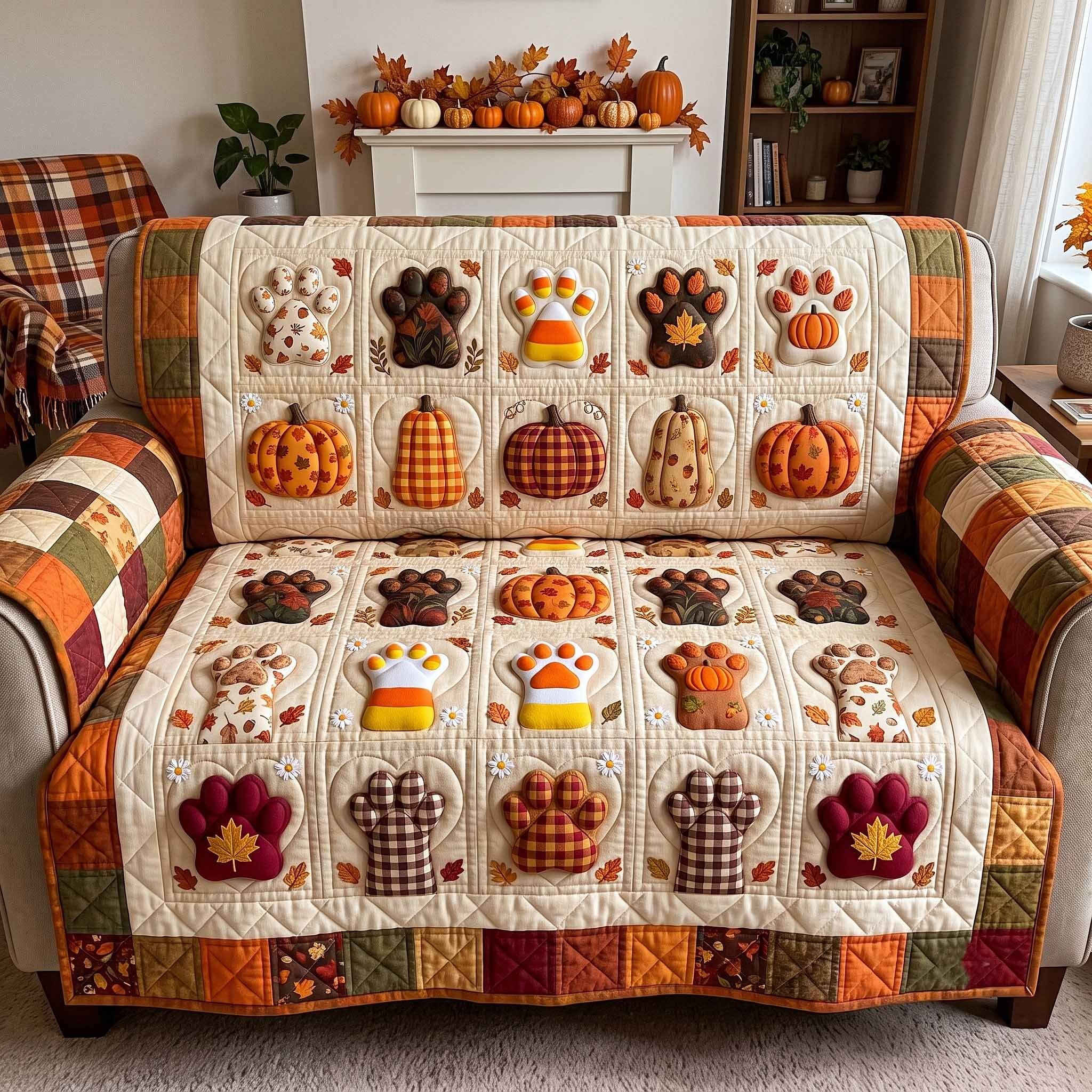 Pumpkins and Paws on Cream Squares Sofa Cover