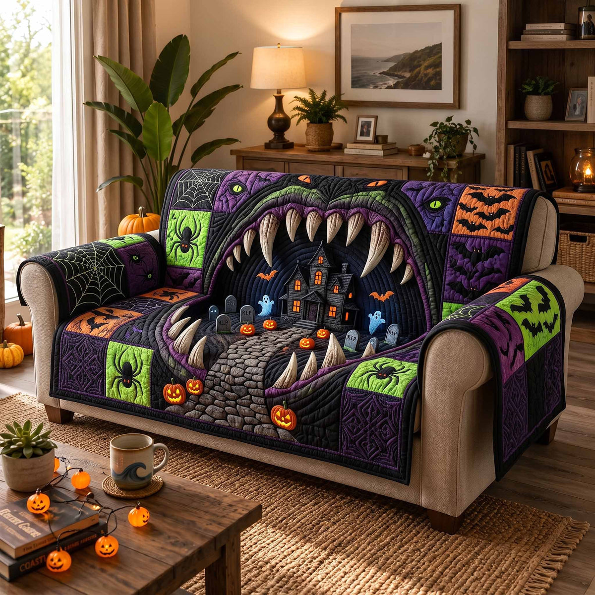 Monster Mouth with a Haunted House Sofa Cover