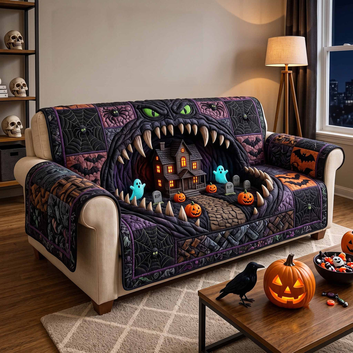 Monster Jaws Around a Haunted House Sofa Cover