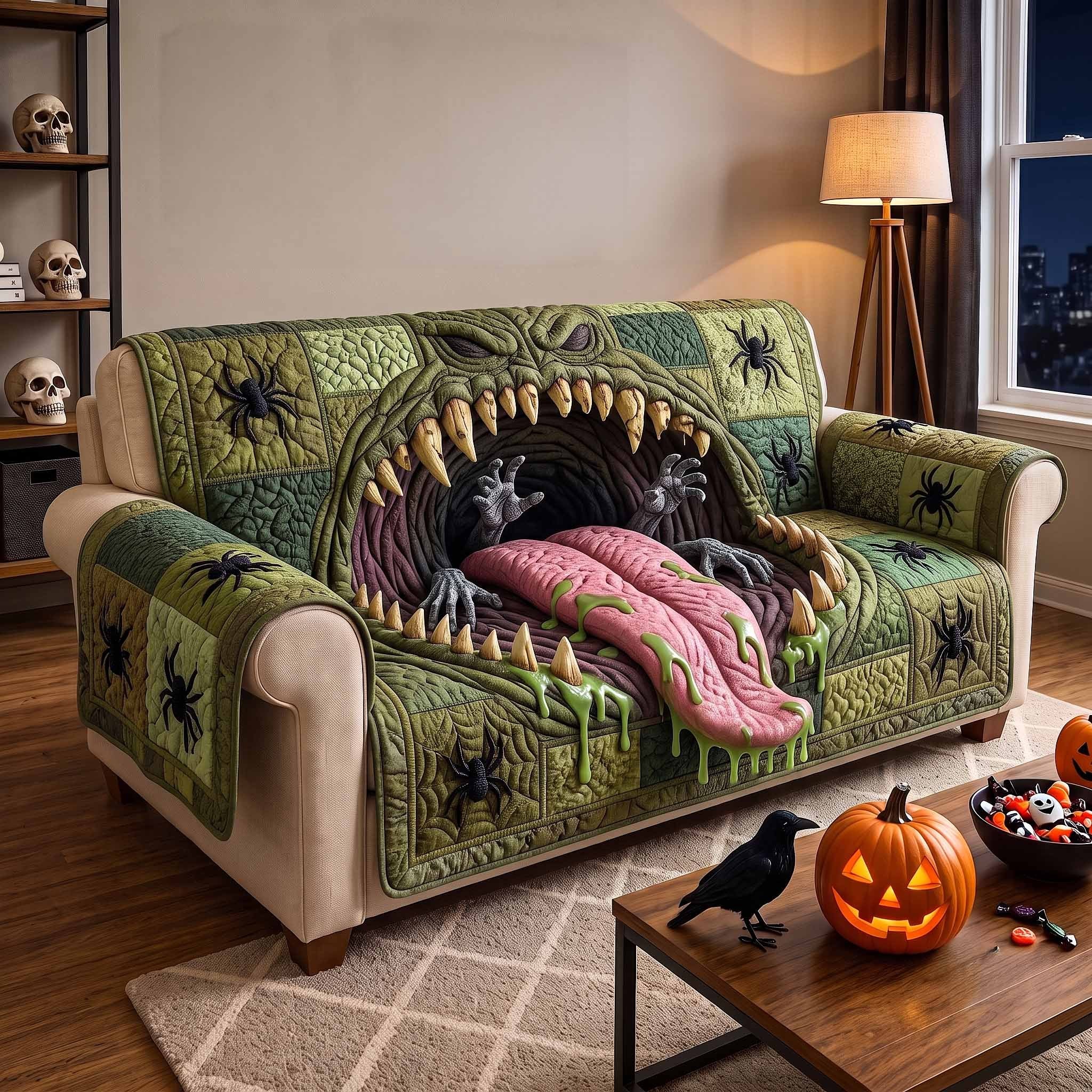 Green Monster Mouth with Spiders Sofa Cover