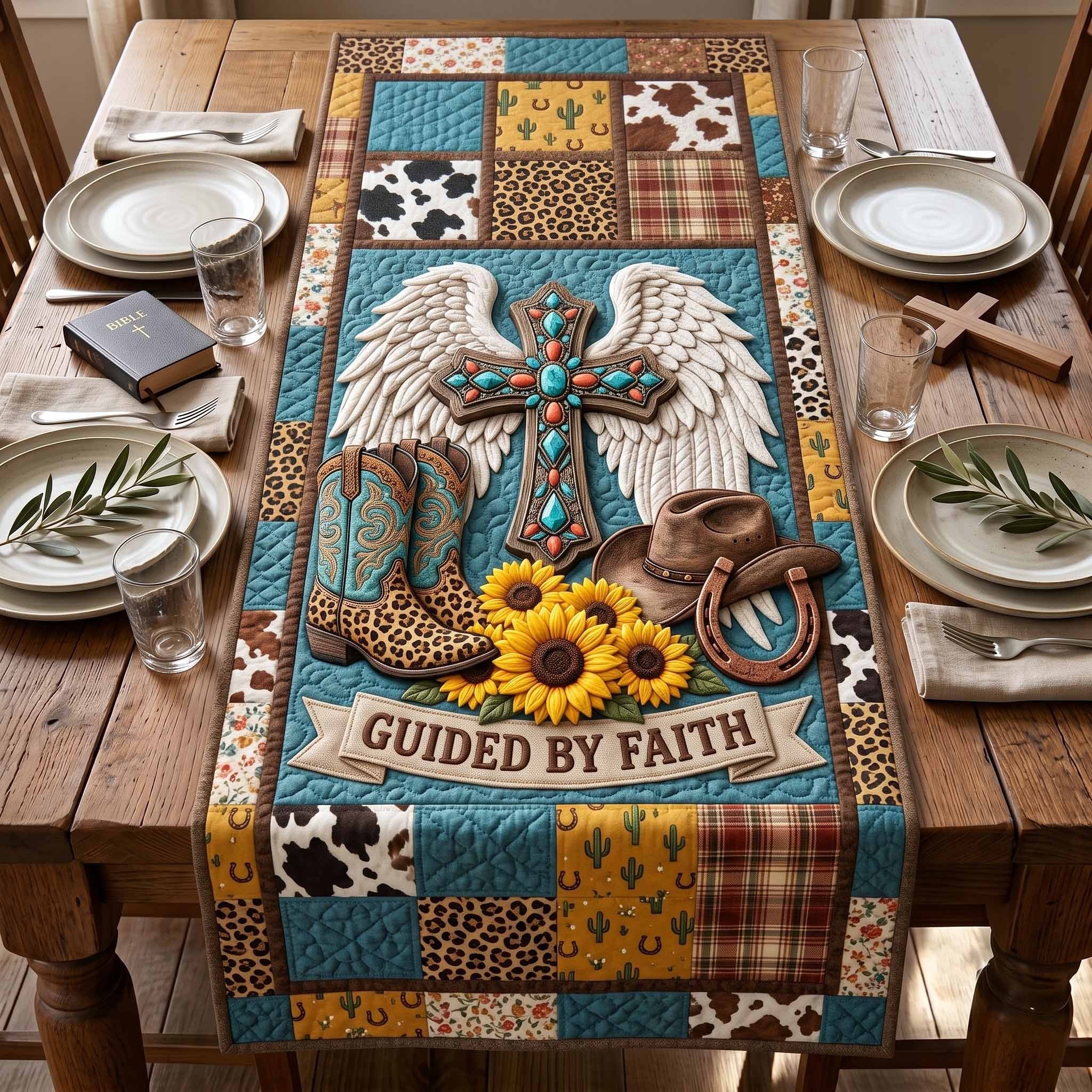 Guided By Faith Winged Cross Sunflowers Table Runner