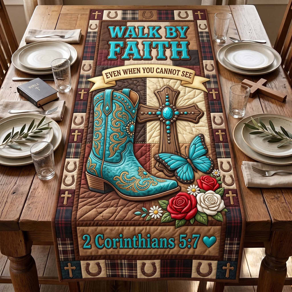 2 Corinthians 5:7 Turquoise Boots Table Runner