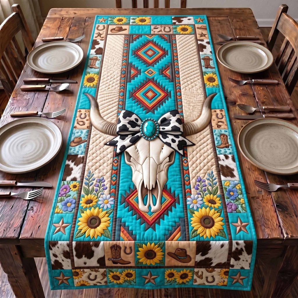 Cowhide Steer Skull and Sunflowers Table Runner