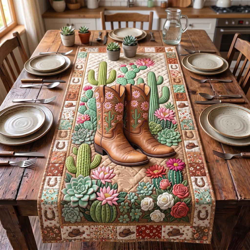Cowboy Boots Among Cactus Blooms Table Runner