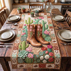 Cowboy Boots Among Cactus Blooms Table Runner