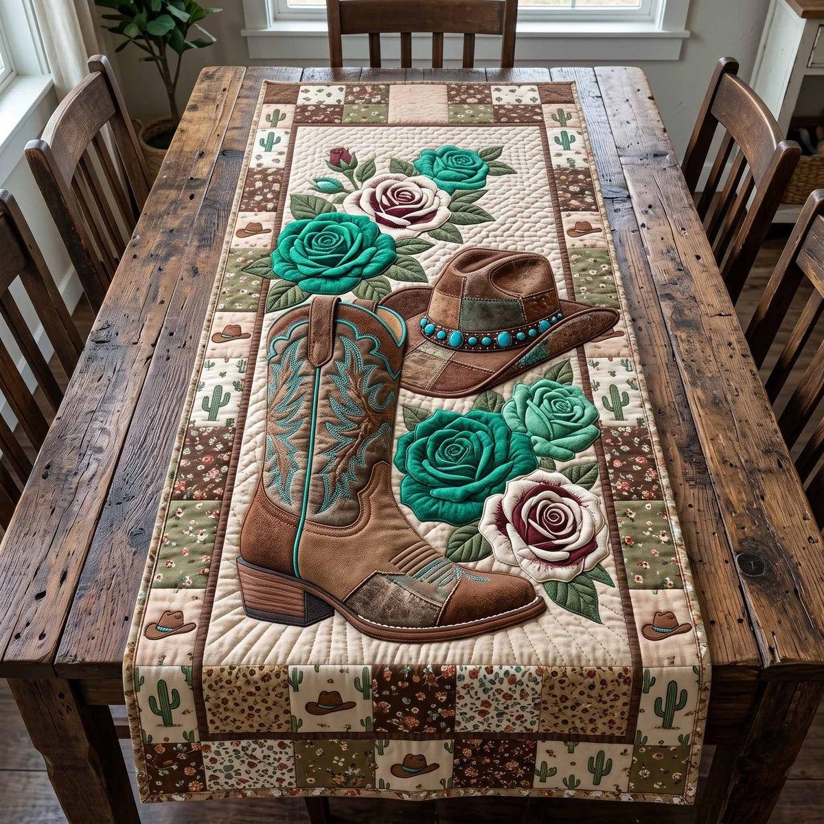 Boots and Hat with Turquoise Roses Table Runner