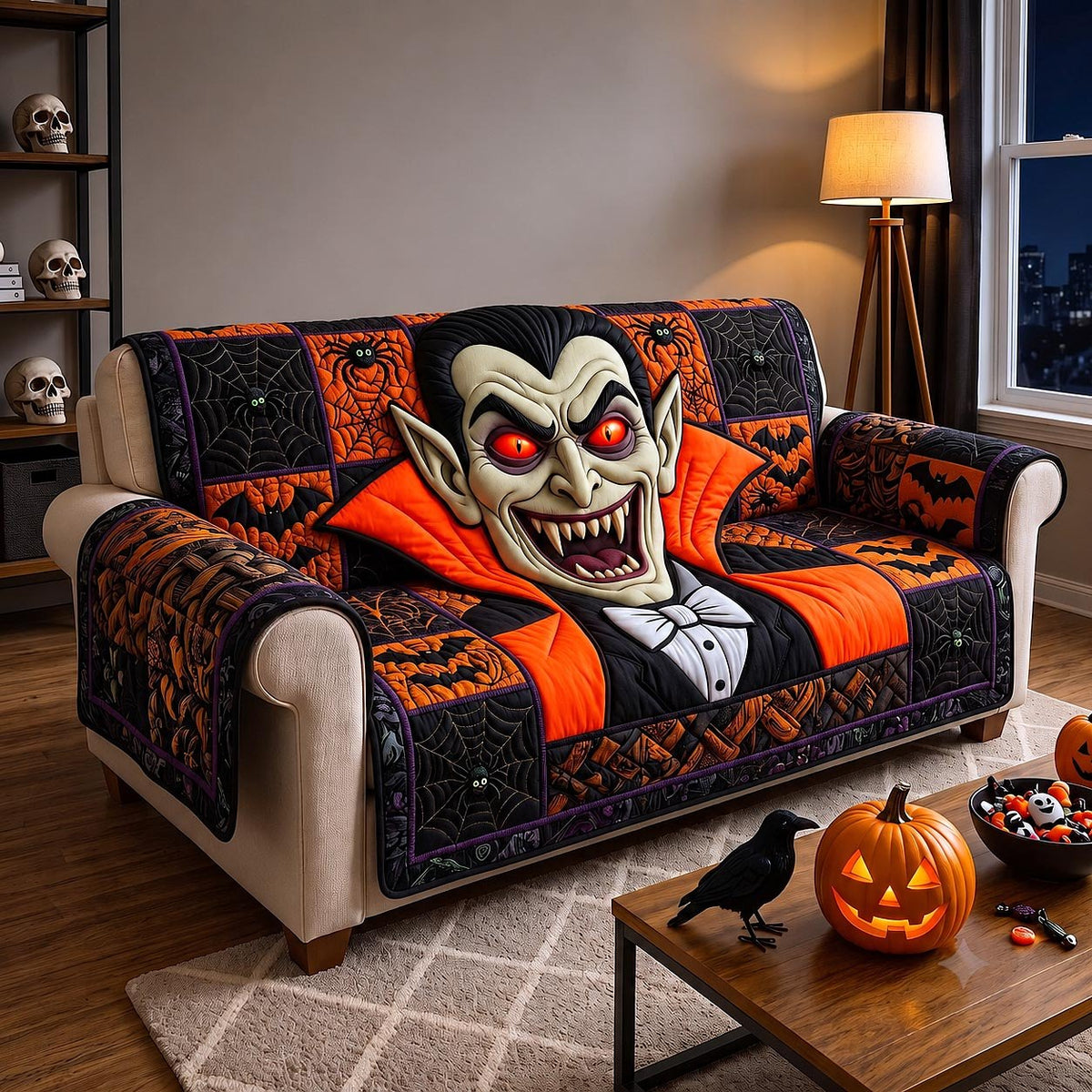 Vampire with Red Eyes on Orange Sofa Cover