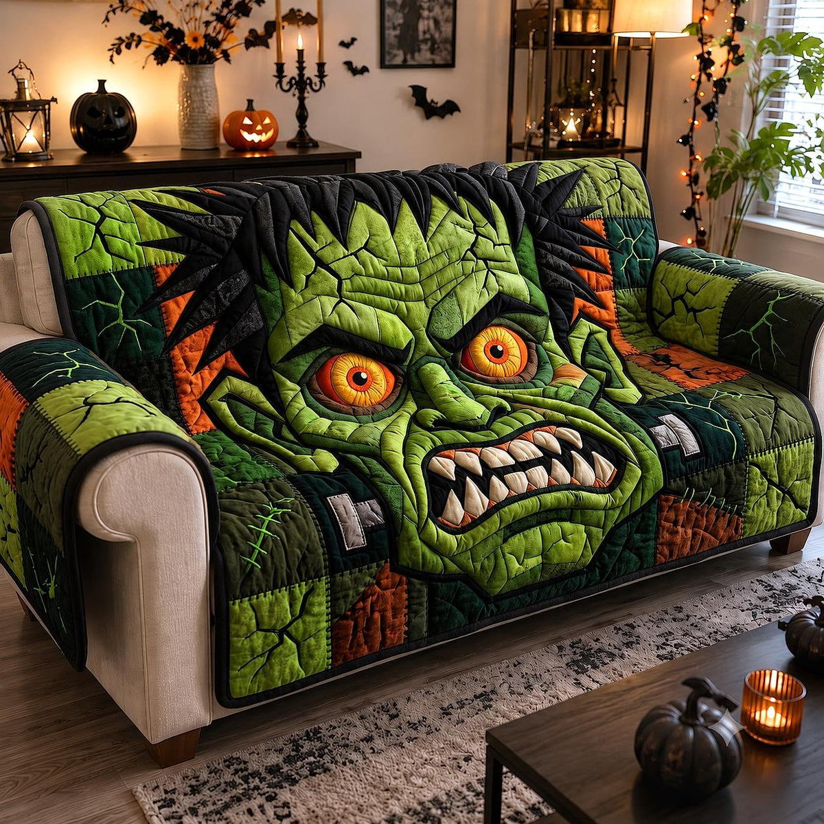 Green Monster Face with Glowing Eyes Sofa Cover