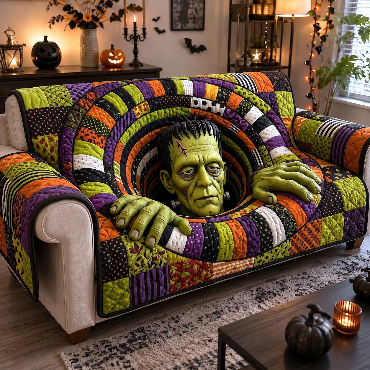 Green Bolted Monster Through the Quilt Sofa Cover