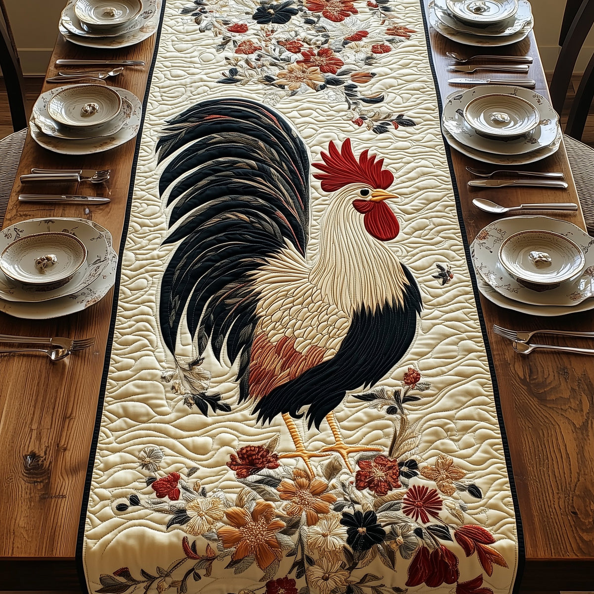 Black and White Rooster with Flowers Table Runner