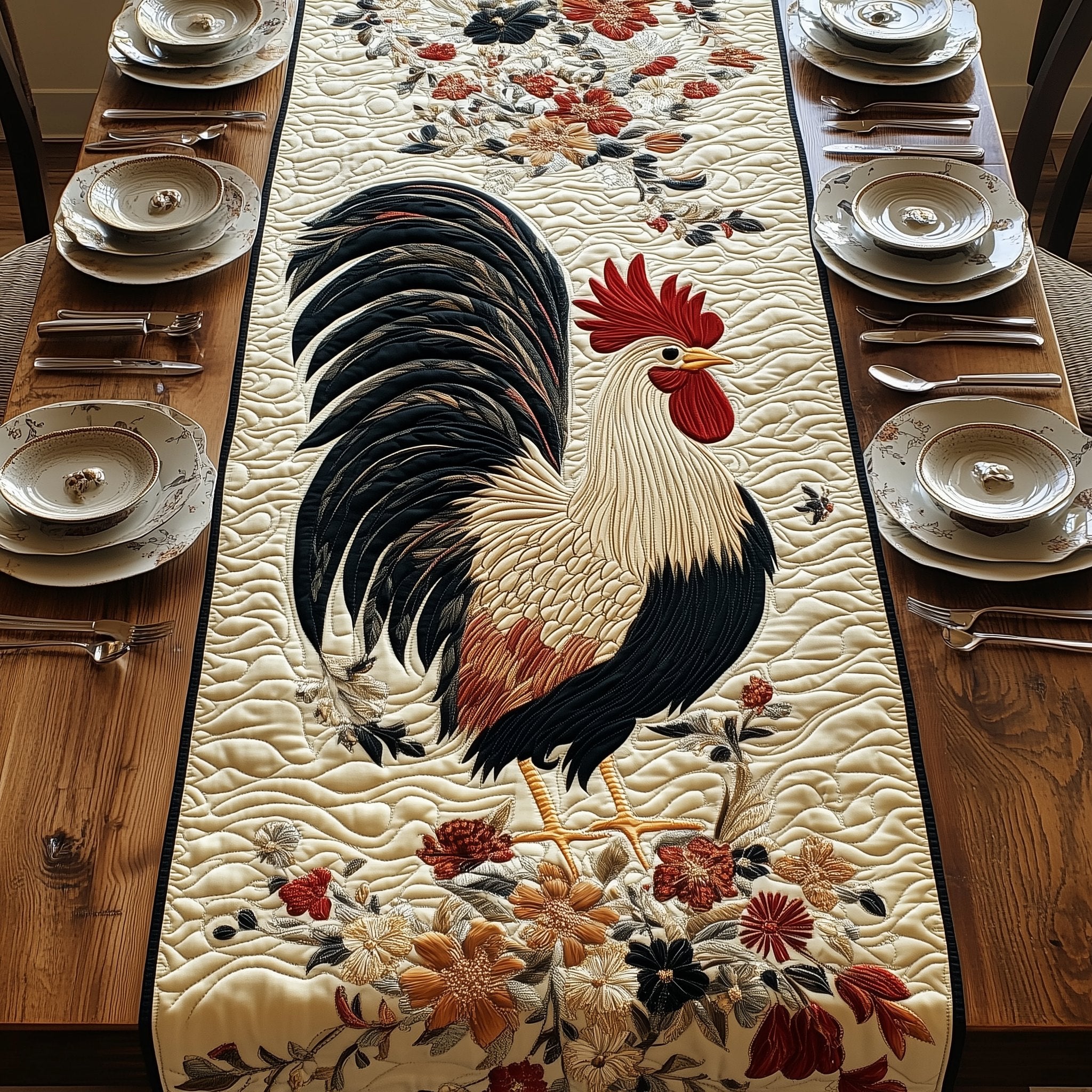 Black and White Rooster with Flowers Table Runner