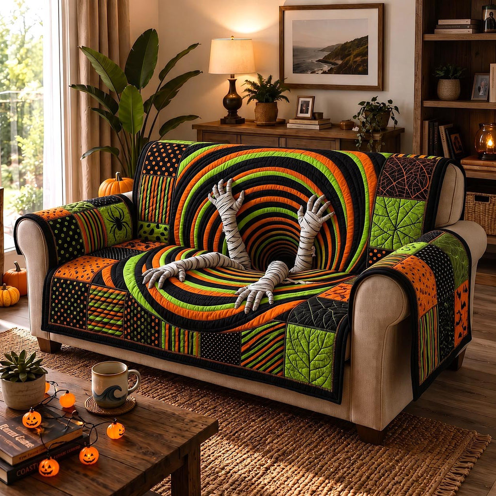 Mummy Rising from Striped Swirl Sofa Cover