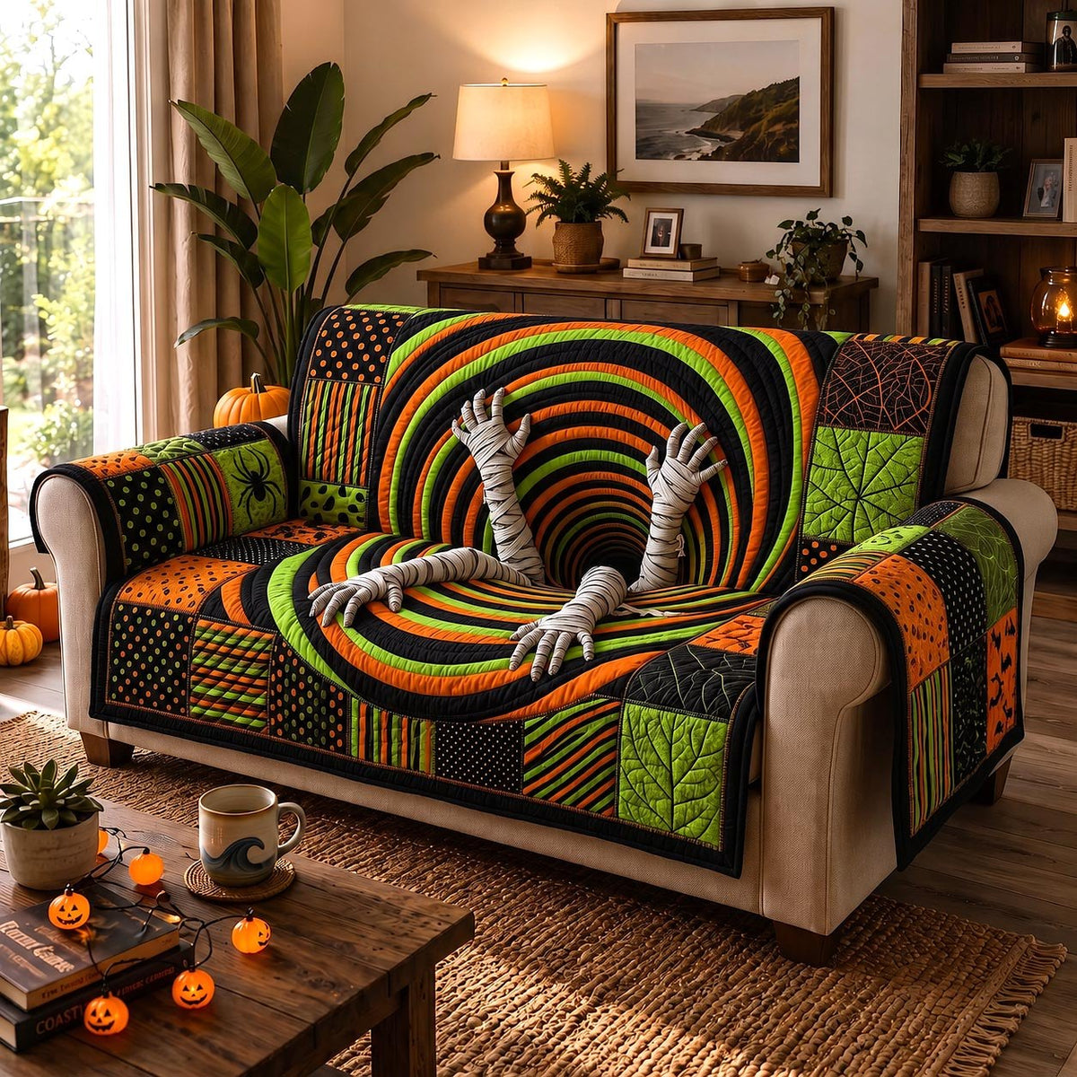 Mummy Rising from Striped Swirl Sofa Cover