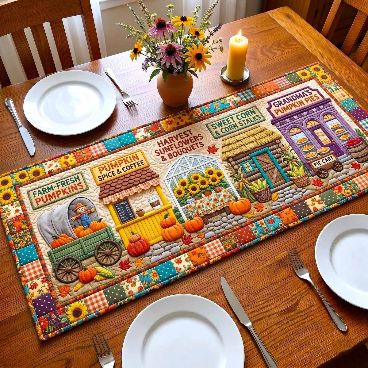 Harvest Market Shops with Pumpkins Table Runner