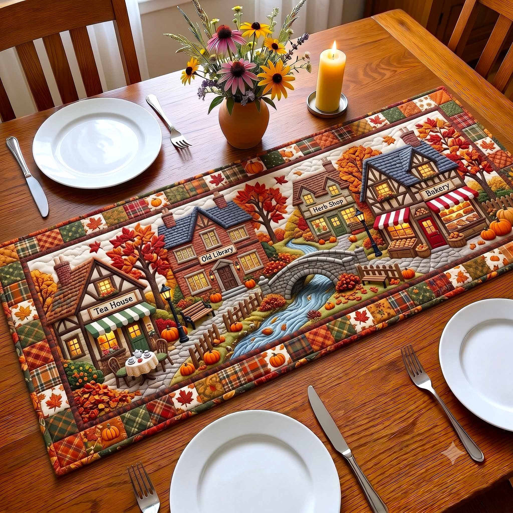 Fall Town Street with Bridge Table Runner