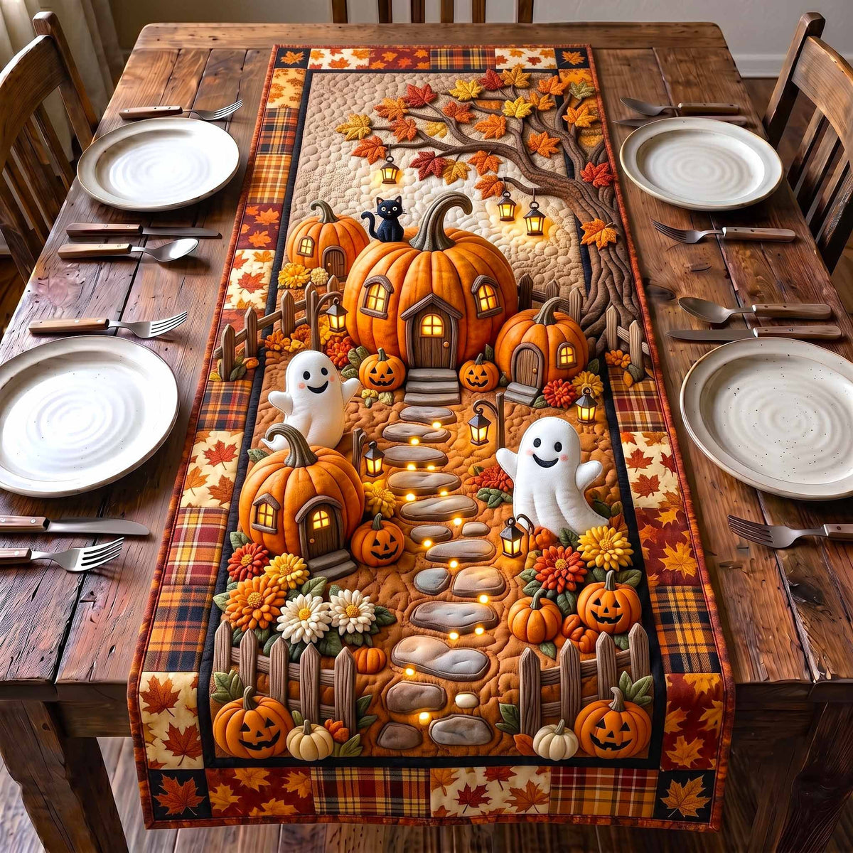 Pumpkins and Ghosts on Garden Path Table Runner
