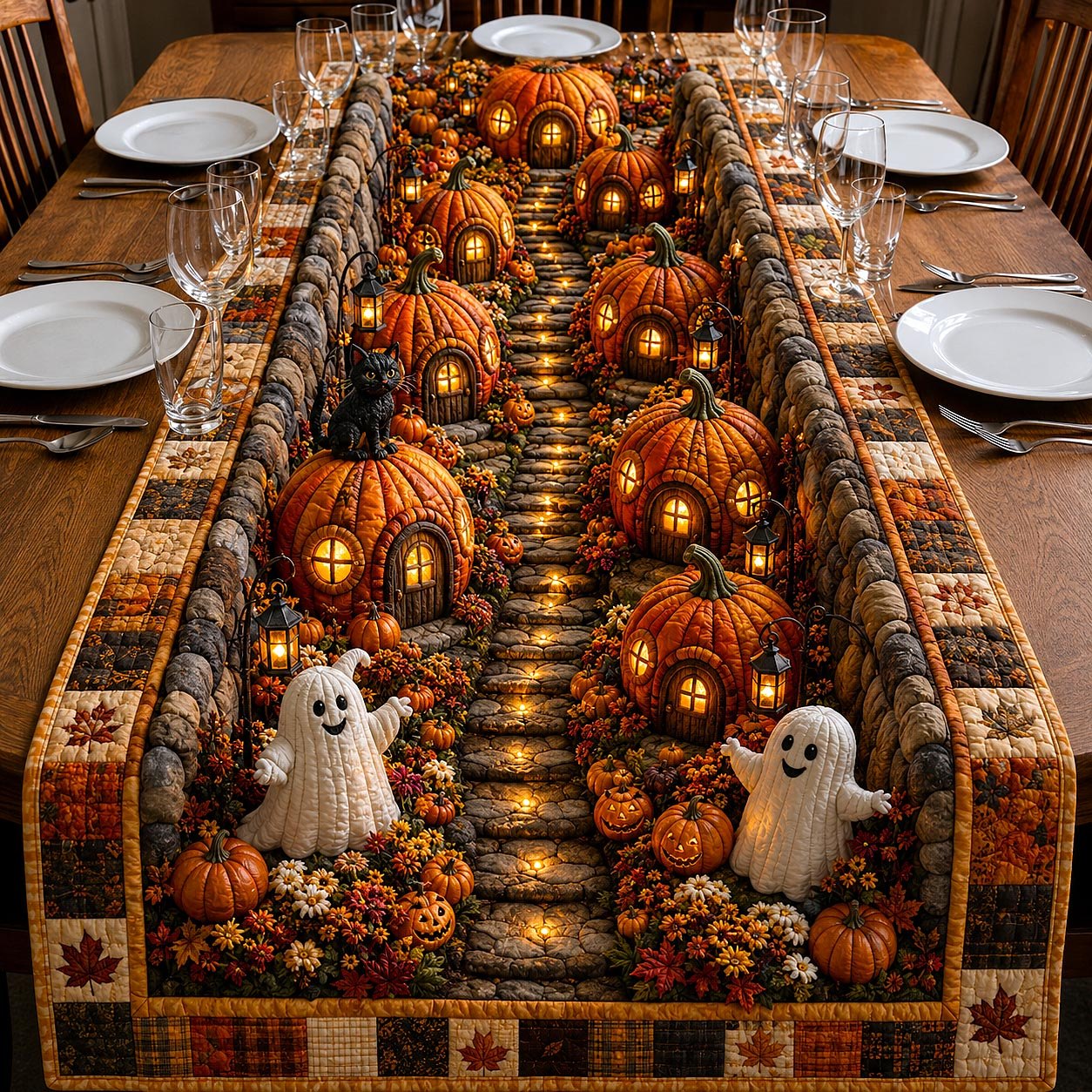 Glowing Pumpkin Lane at Night Table Runner