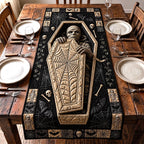 Skeleton Rising from Wooden Coffin Table Runner