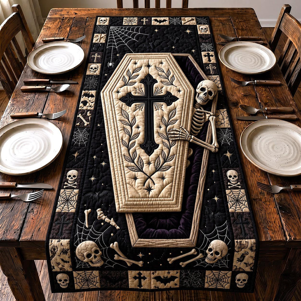 Coffin with Cross and Skeleton Table Runner