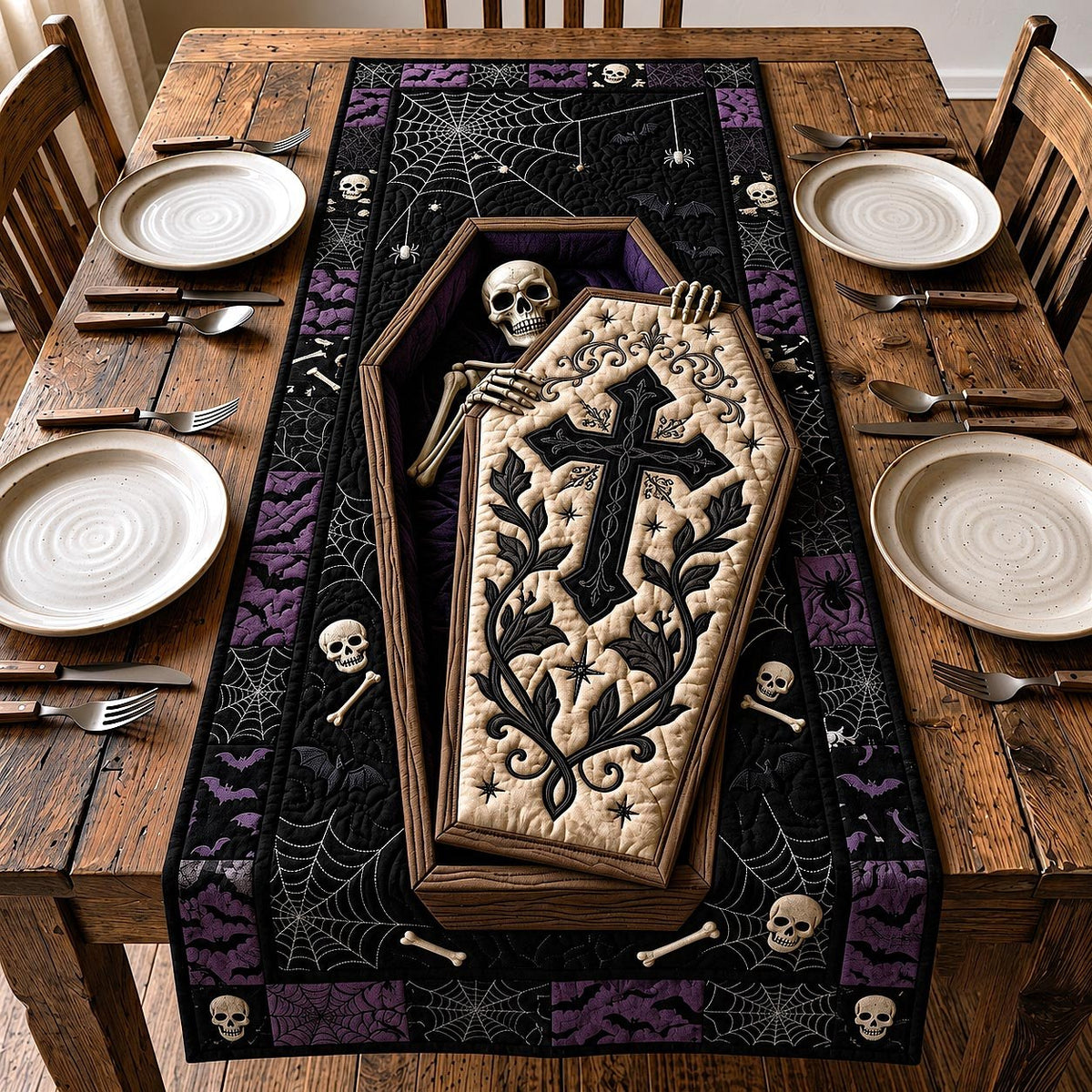 Skeleton Coffin on Purple Skulls Table Runner