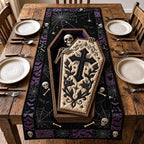 Skeleton Coffin on Purple Skulls Table Runner