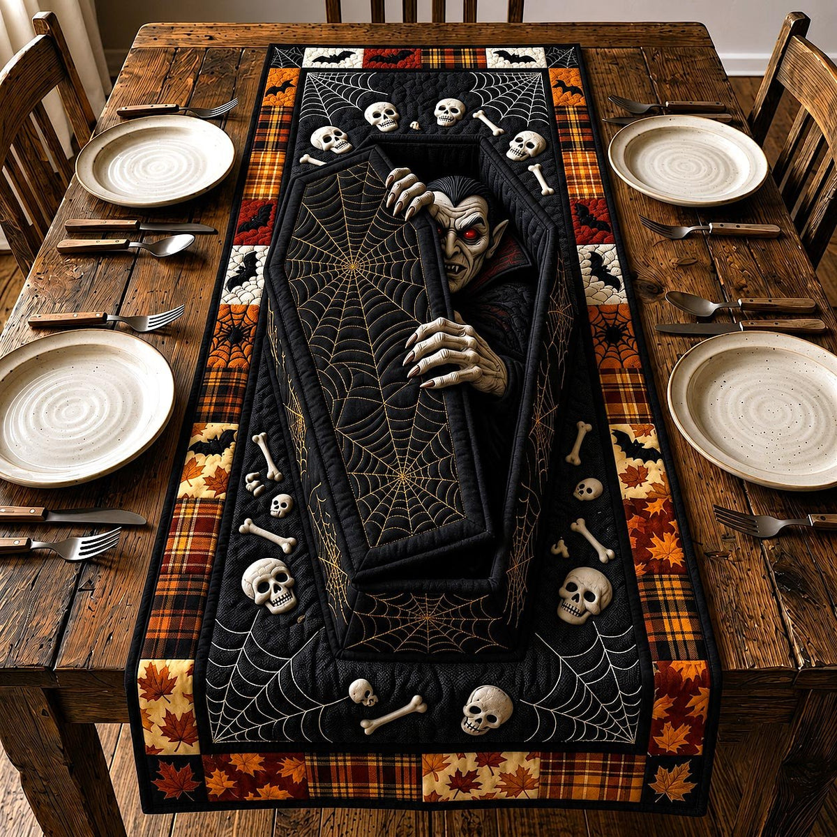 Coffin with Spider Webs and Bones Table Runner