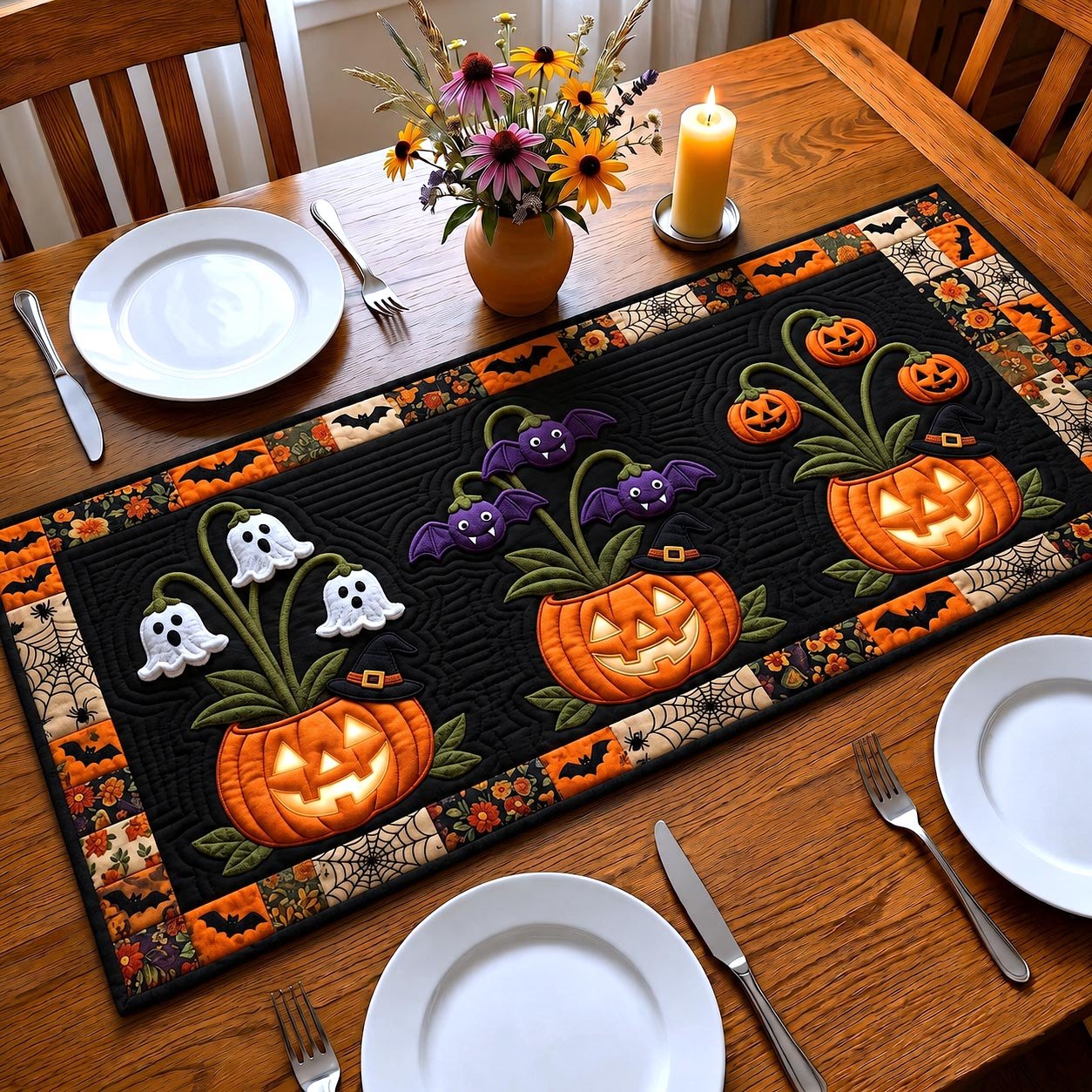 Jack o Lantern with Ghosts on Black Table Runner