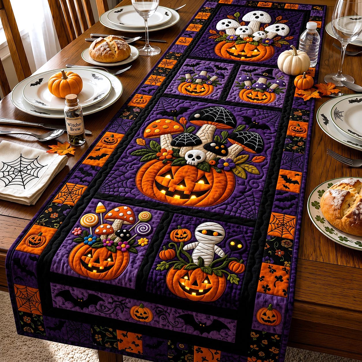 Purple Halloween Squares with Mummy Table Runner