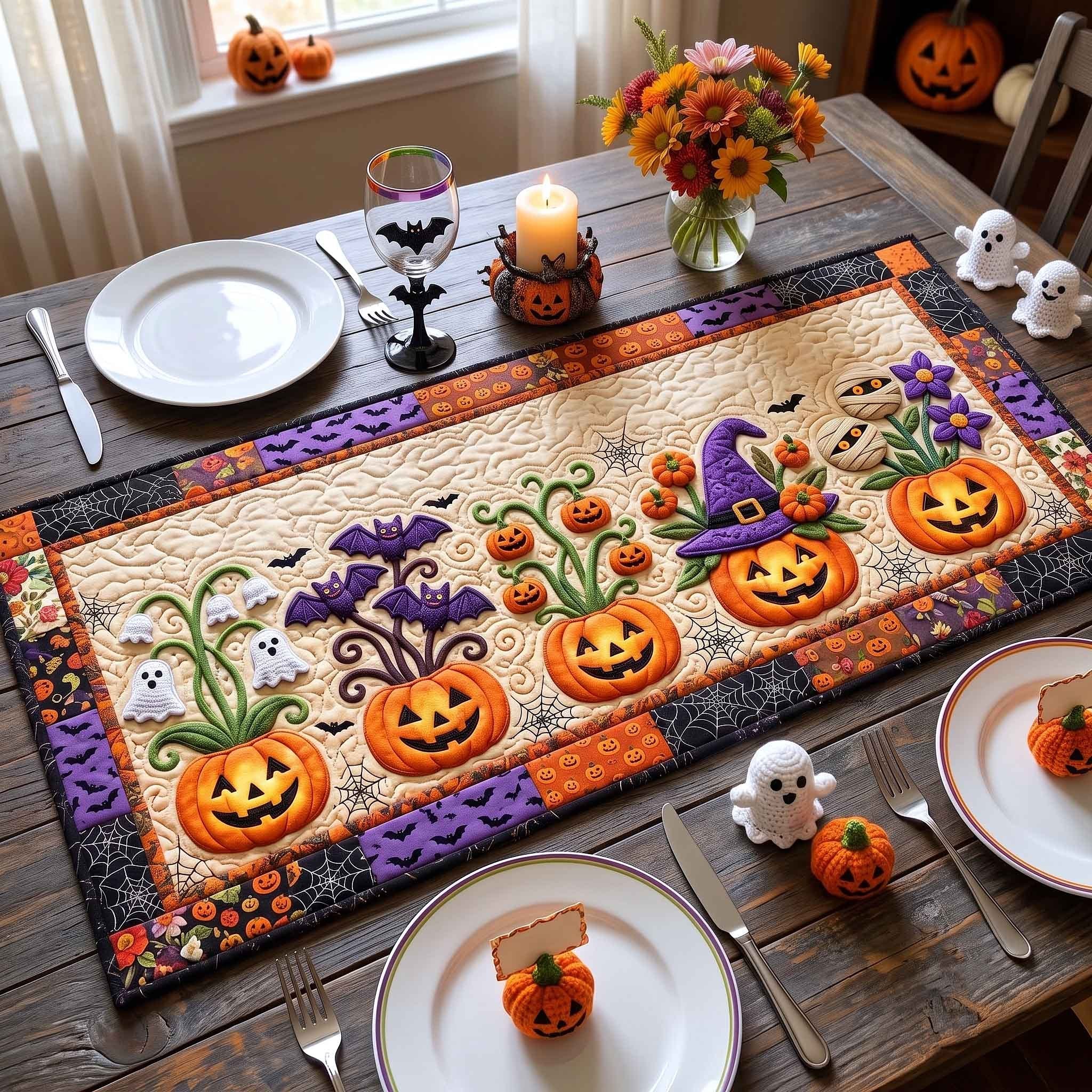 Pumpkins and Purple Blooms on Cream Table Runner