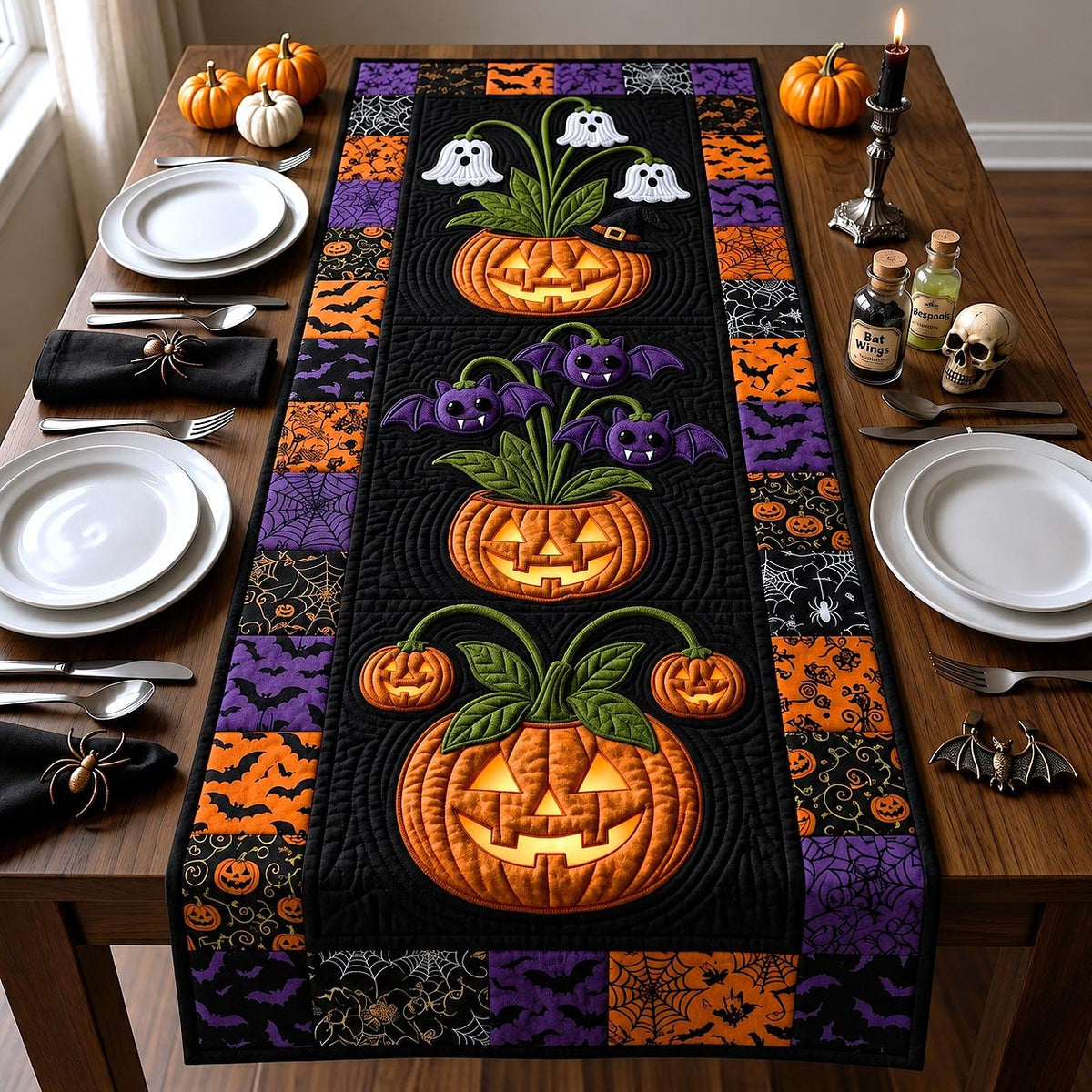 Glowing Pumpkin with Black Bats Table Runner