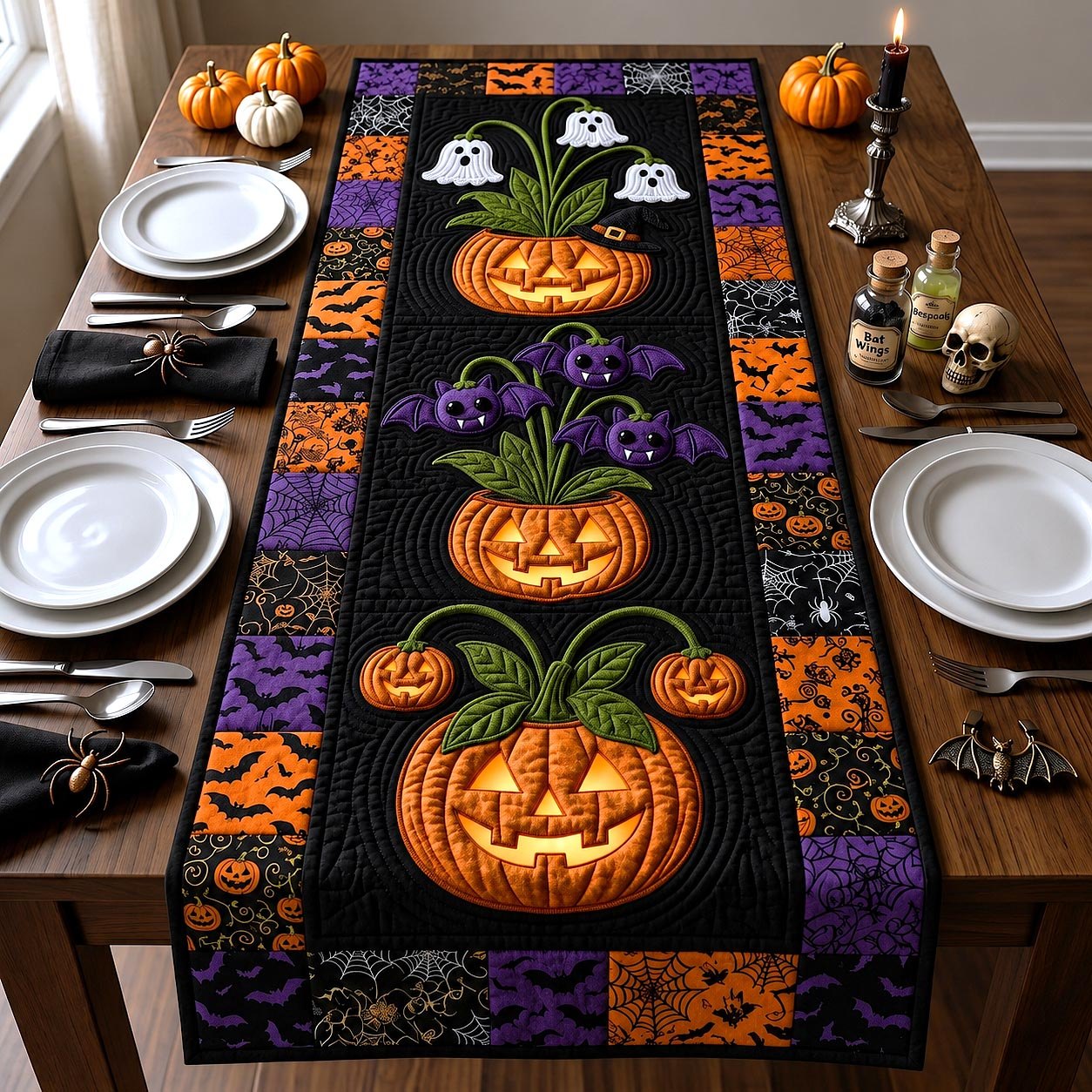 Glowing Pumpkin with Black Bats Table Runner