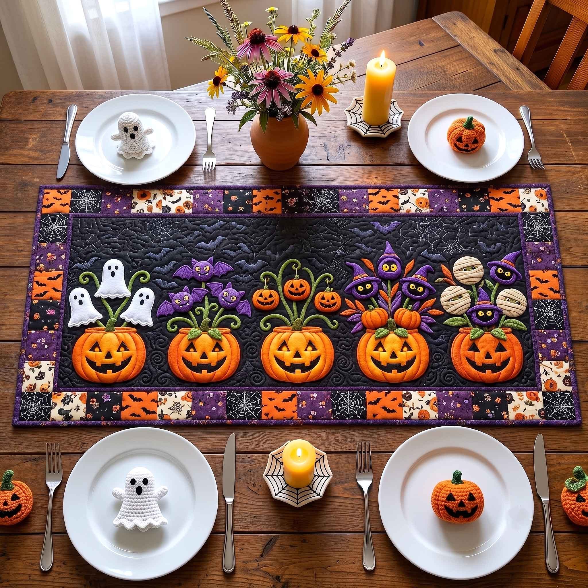 Ghosts and Pumpkins Row on Purple Table Runner