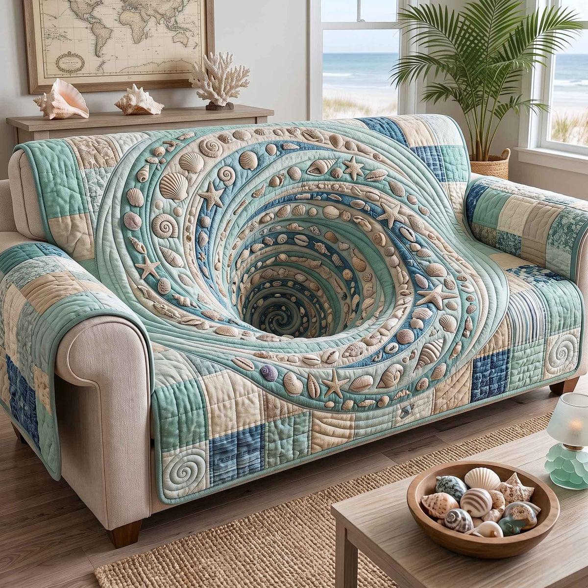Cream Swirling Wave with Shells Sofa Cover