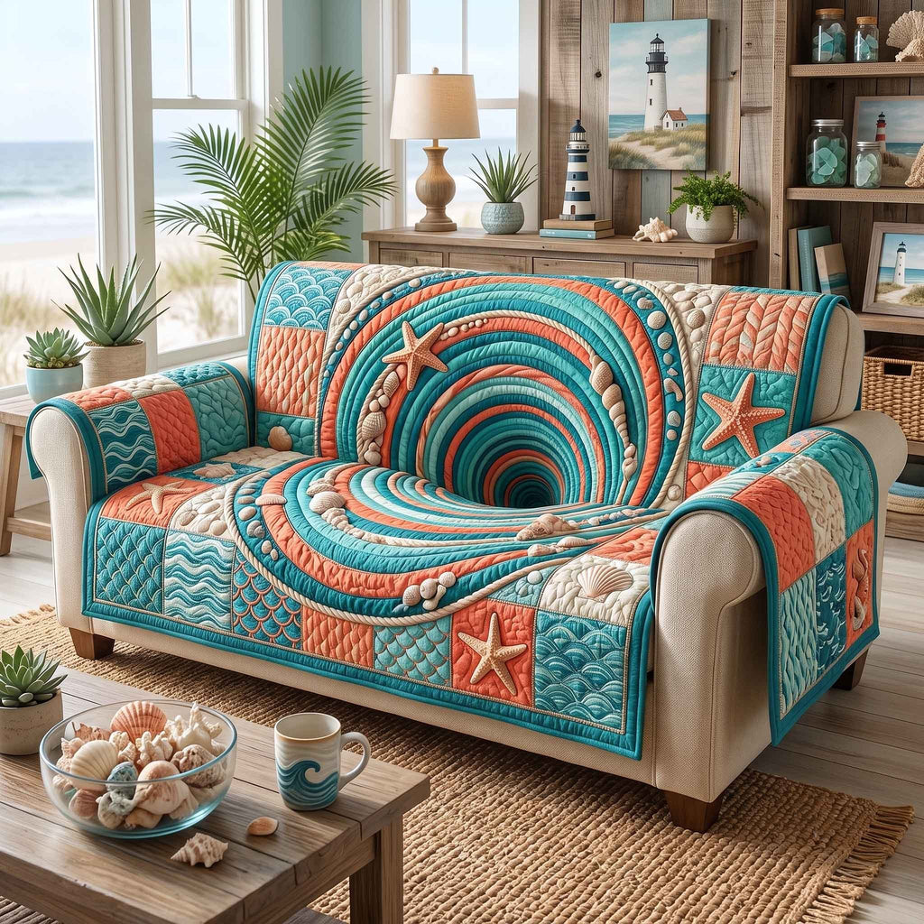 Teal and Coral Spiral Wave Sofa Cover