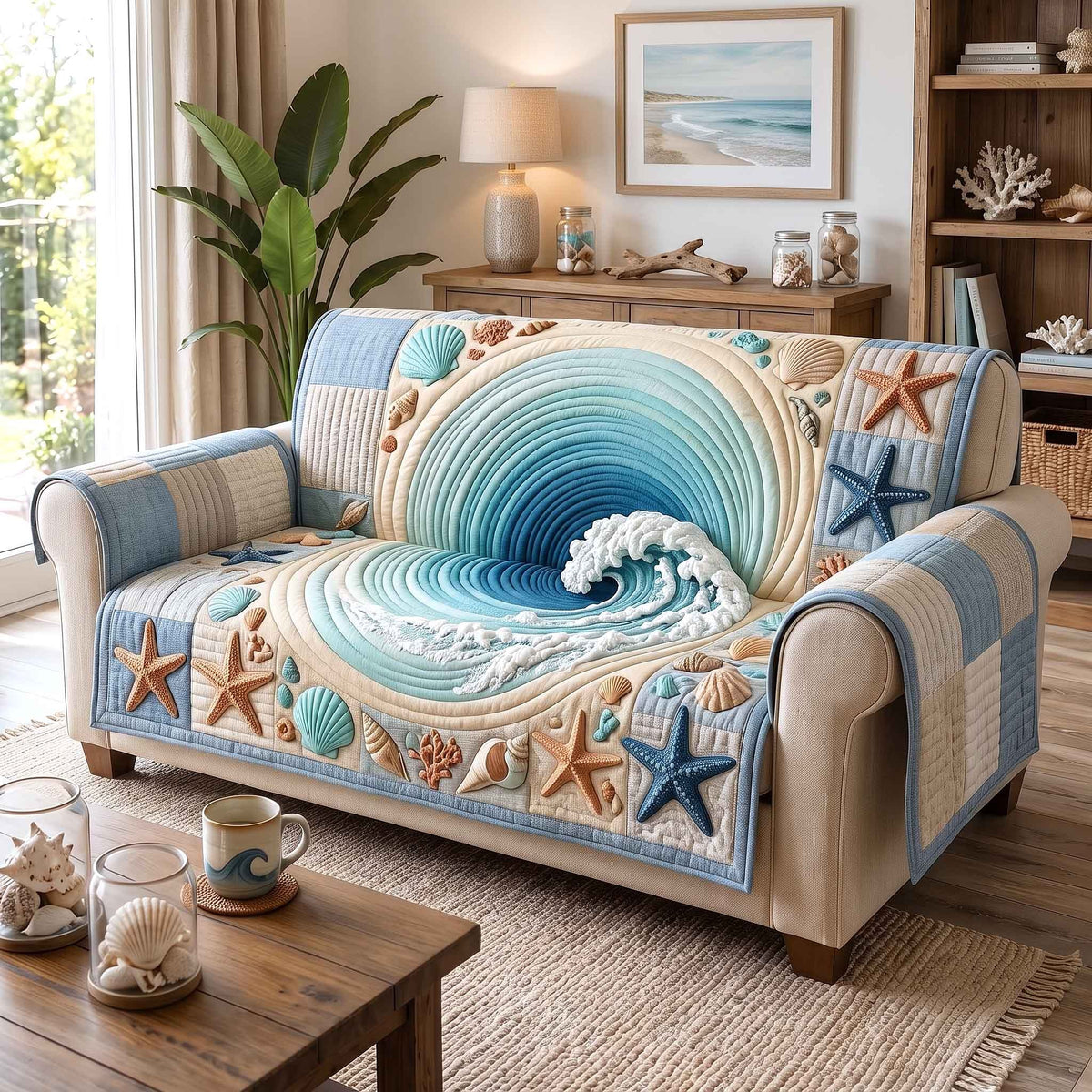 Blue Wave with Starfish and Shells Sofa Cover