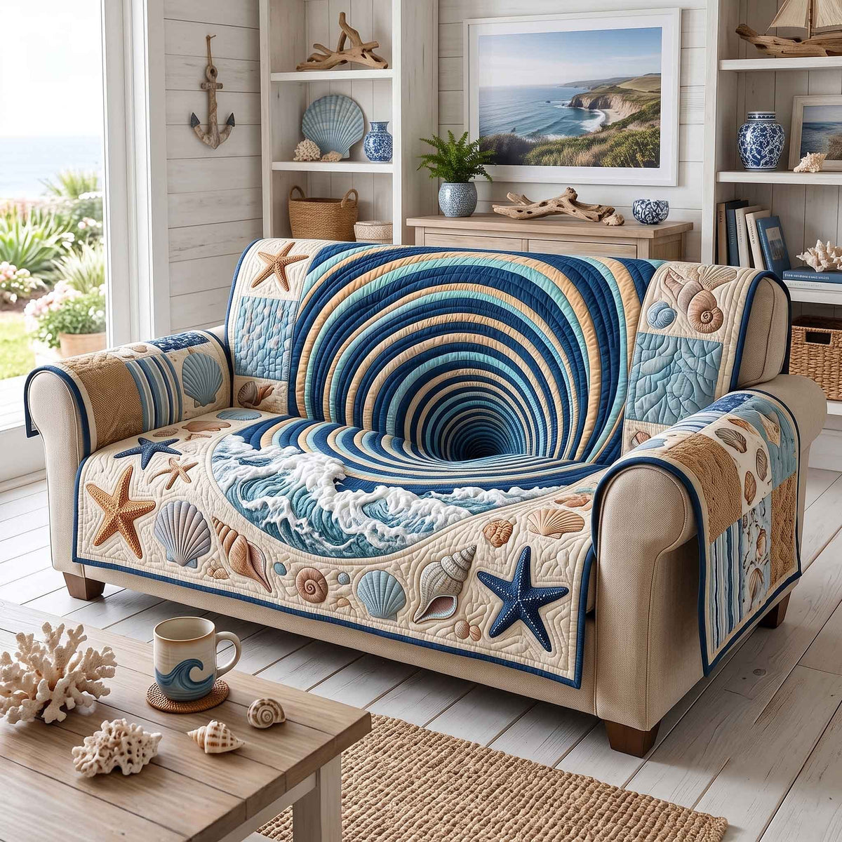 Navy Blue Wave Tunnel Sofa Cover