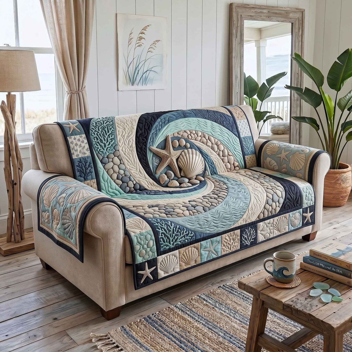 Blue Swirl with Shells on Cream Sofa Cover