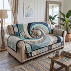 Blue Swirl with Shells on Cream Sofa Cover
