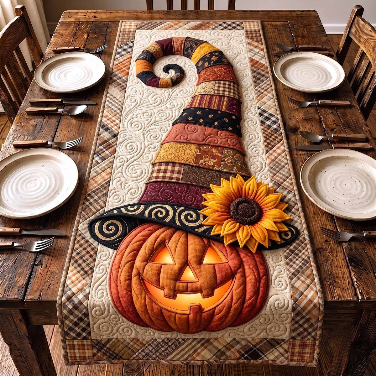Jack o Lantern in Patchwork Hat Table Runner