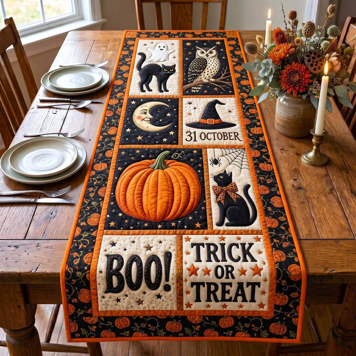 Boo Trick or Treat Black Cats Table Runner