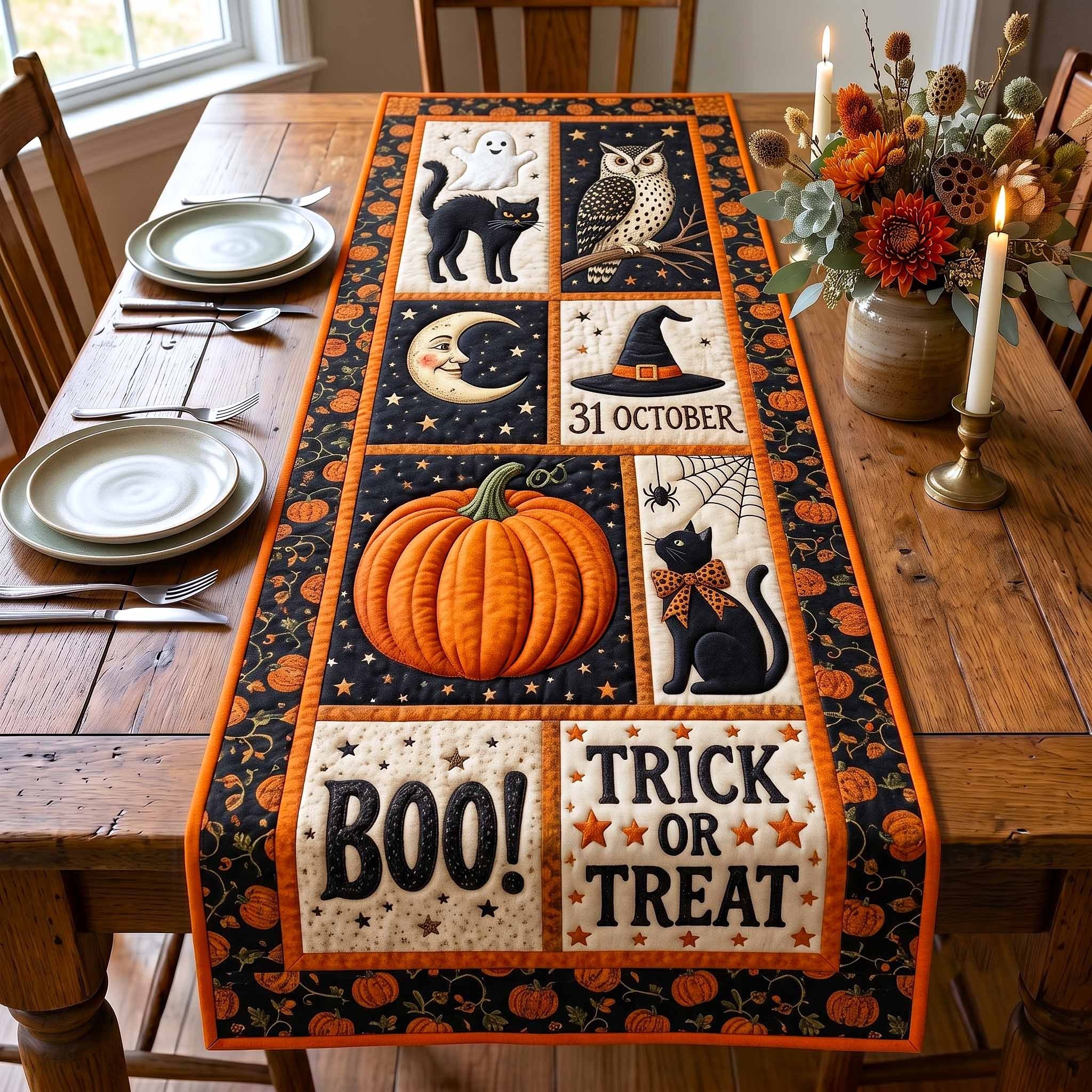Boo Trick or Treat Black Cats Table Runner