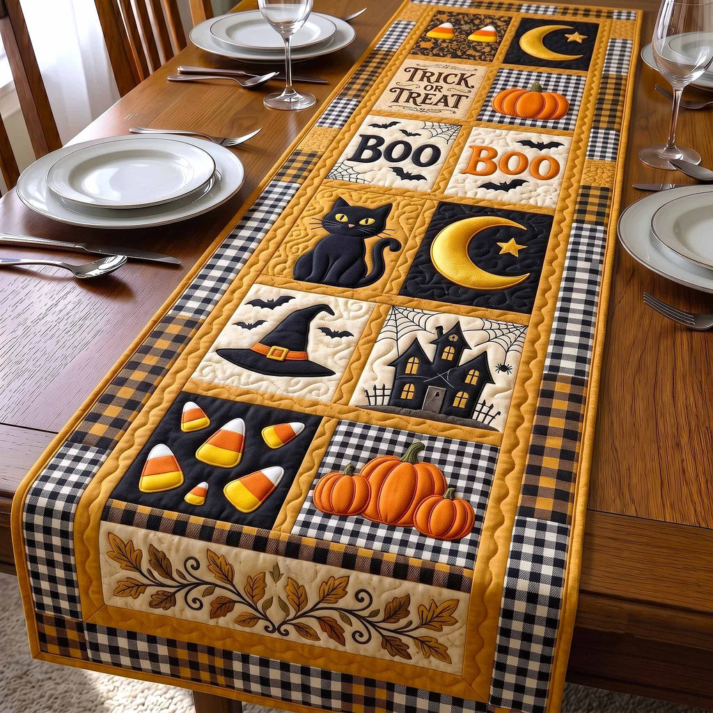 Boo Cat and Candy Corn Squares Table Runner