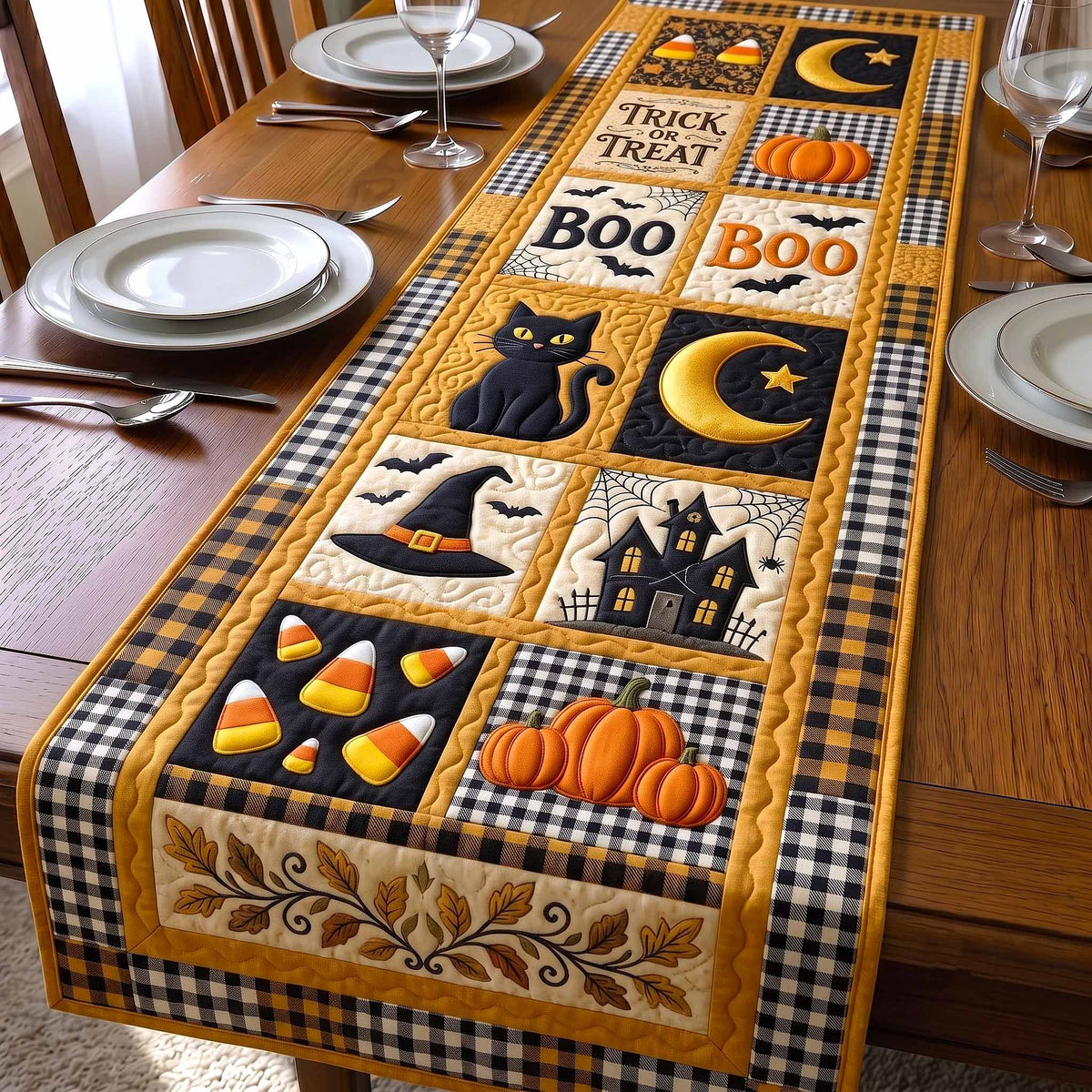 Boo Cat and Candy Corn Squares Table Runner