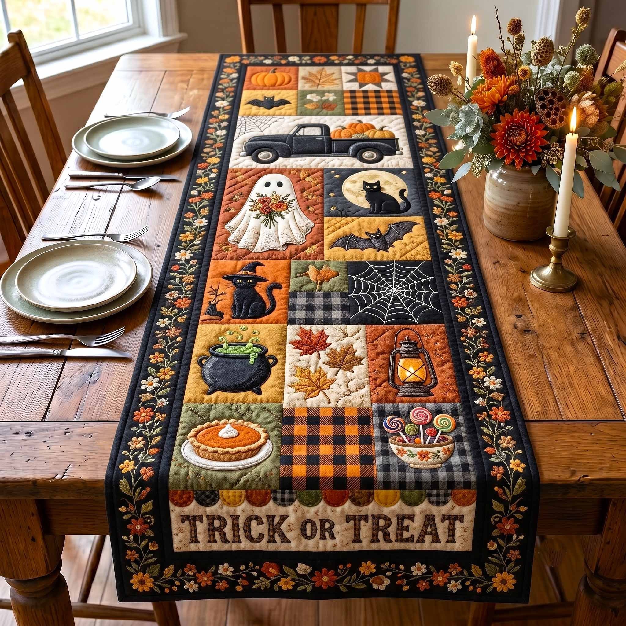 Trick or Treat Autumn Squares Table Runner
