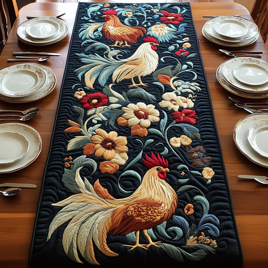 Rooster with Blue Flowers on Dark Table Runner